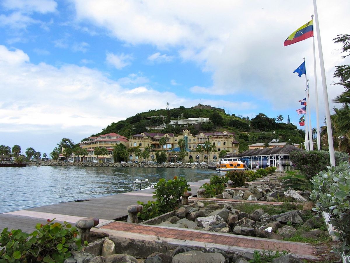 Marigot Bay waterfront with Fort Louis on the hill above